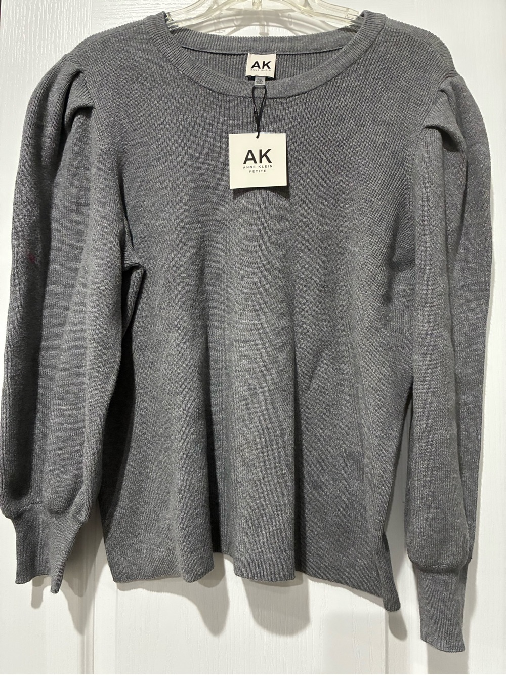 Anne Klein Gray Puff-Sleeve Crewneck Sweater